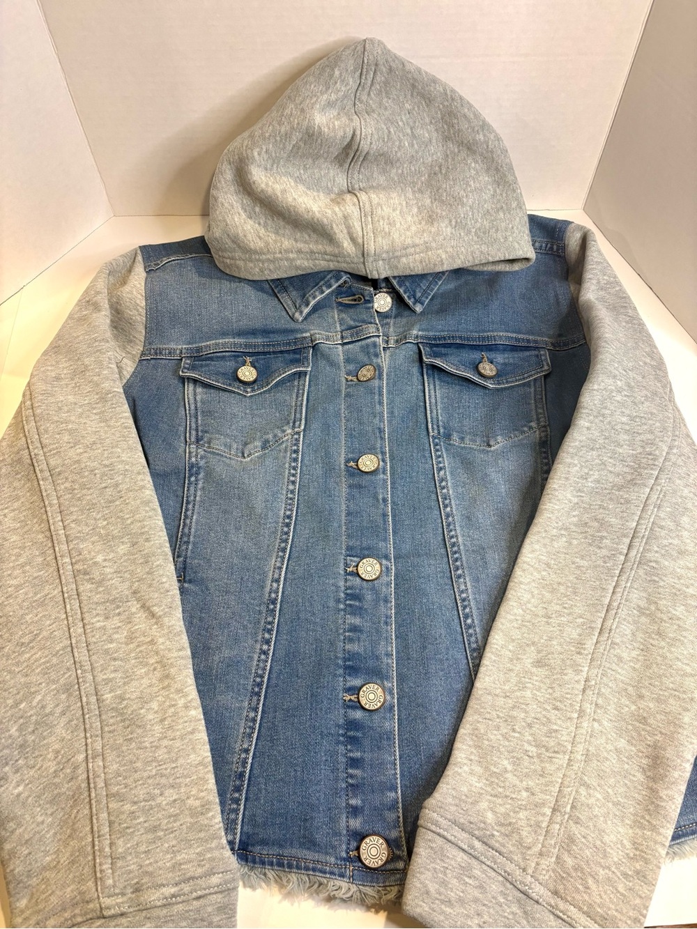 Susan Graver Blue Denim Jacket with Gray Hood & Sleeves